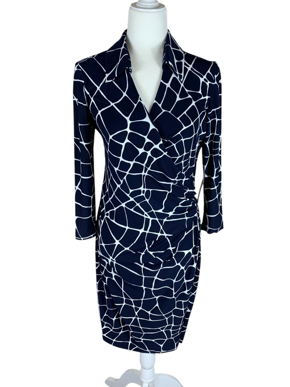 Women's Jones New York Navy White Geometric 3/4 Sleeve Knit Faux Wrap Dress 12